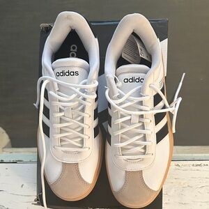 Adidas women’s White and Black Sneakers with Tan Accents